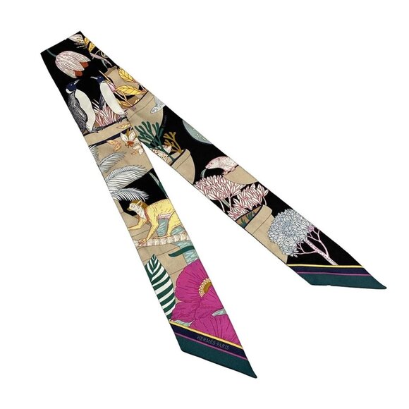 Auth HERMES Twilly - Black Cream Brown Multi Silk Scarf - Picture 2 of 5